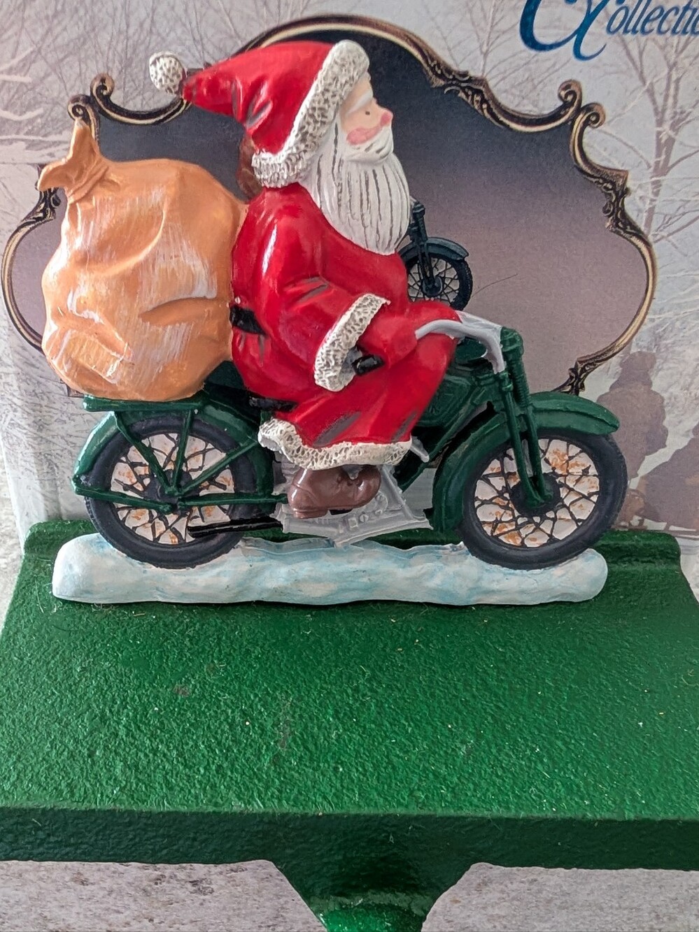 Harley-Davidson Red Santa on Green Motorcycle Holiday Stocking Holder